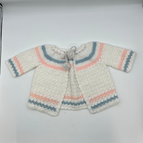 Handmade Crochet Baby Cardigan Sweater Jacket White Pink Blue Infant Knit READ - Picture 9 of 9
